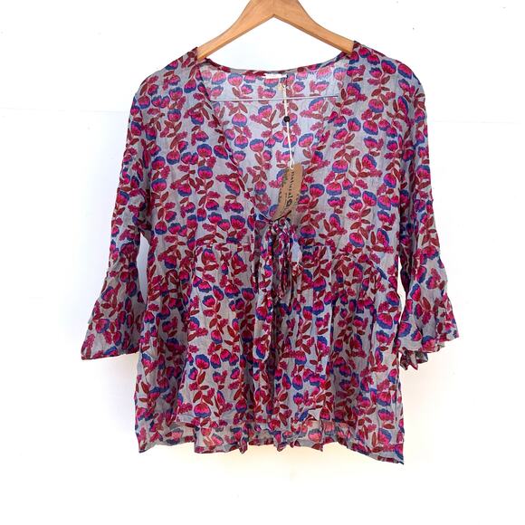 New Natural Life Floral Tie Front Boho Blouse Top Pink Lightweight Medium Large - Picture 2 of 7